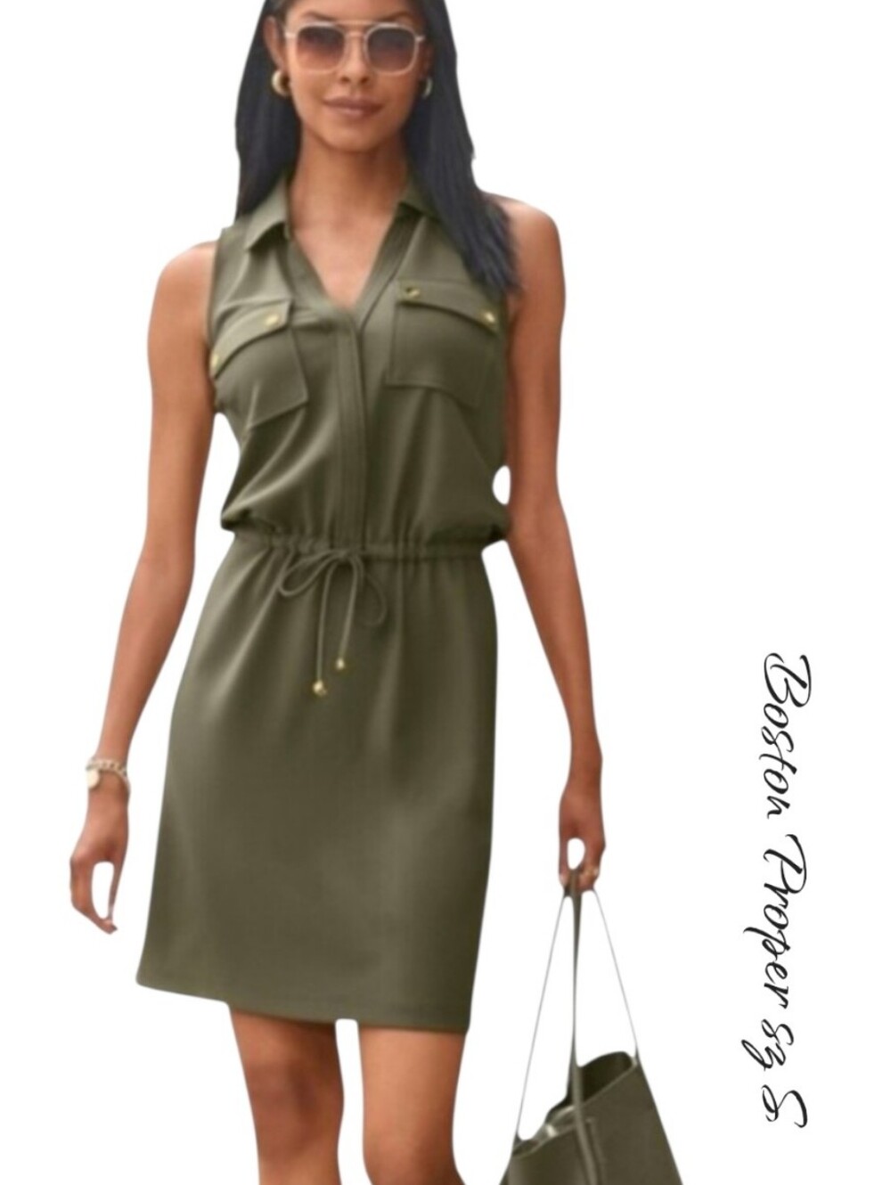 Boston Proper Beyond Travel Drawstring Utility Dress Olive Green sz S